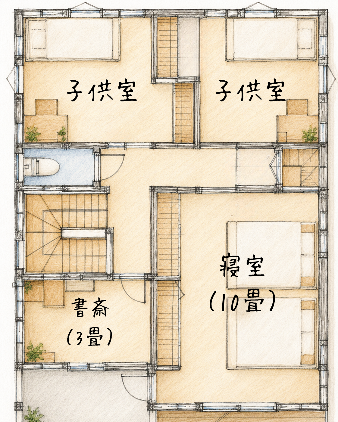 3畳の書斎と各居室がわかる2階間取り図