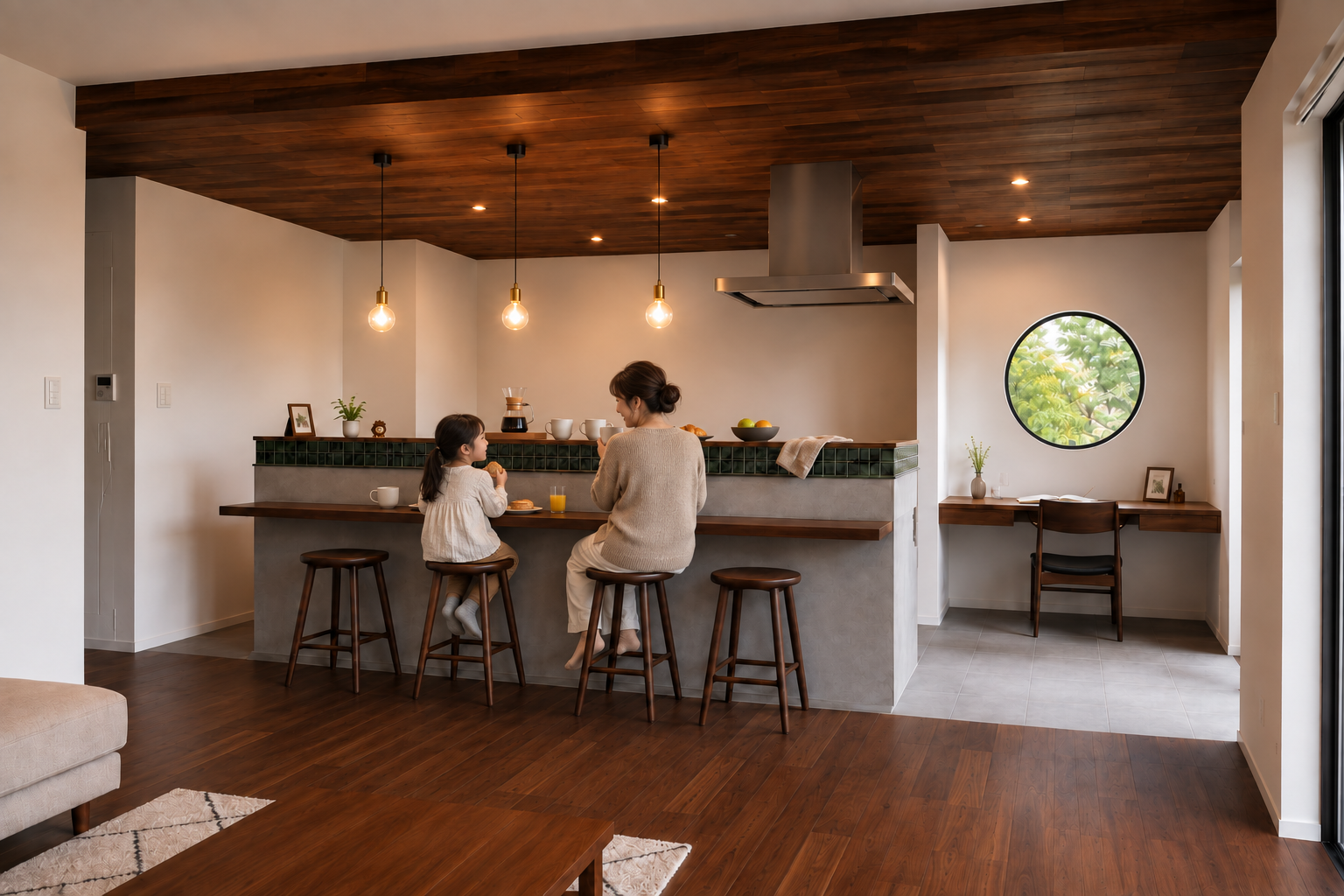 木のカウンターで親子が食事と会話を楽しむ18帖のカフェLDK