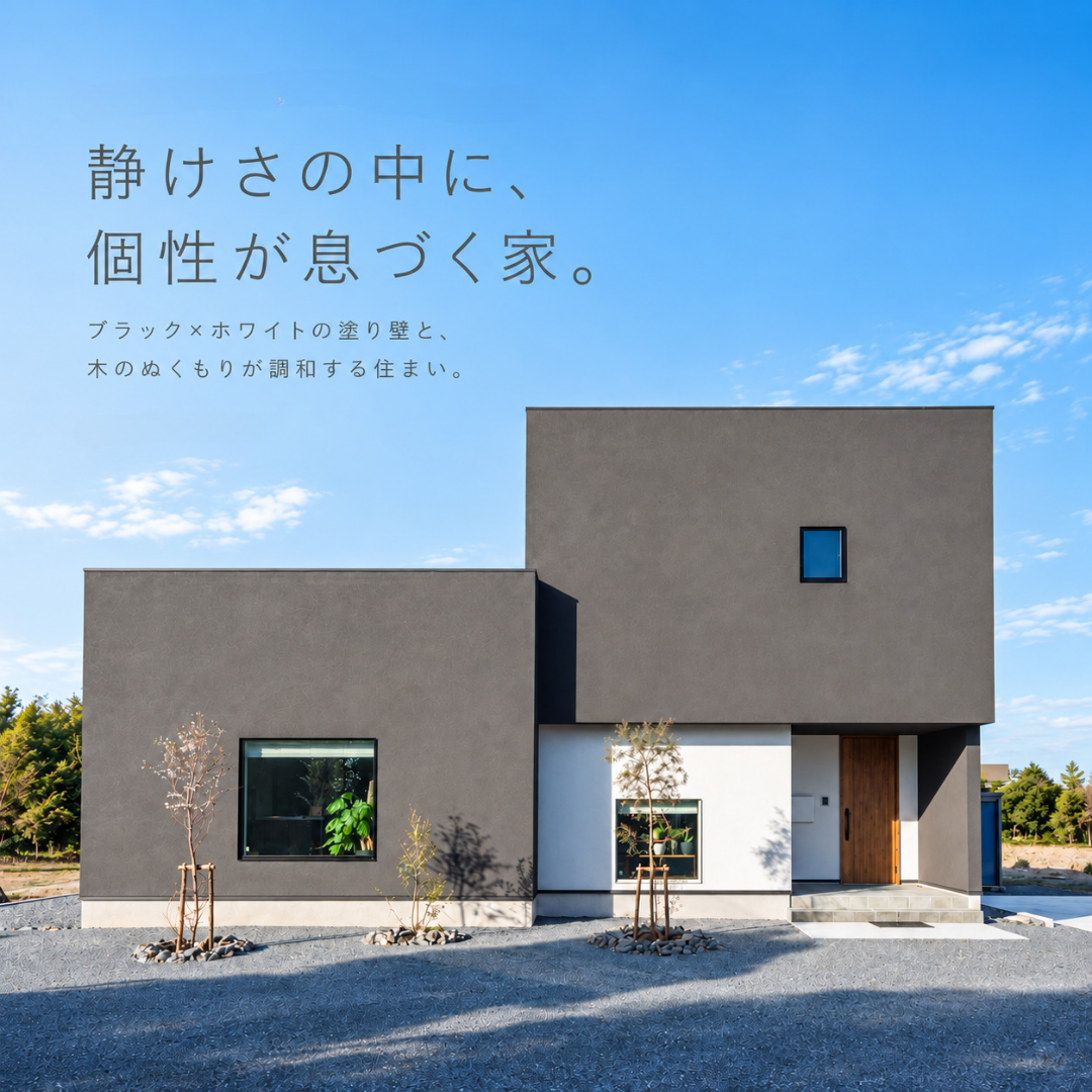 グレーとホワイトの塗り壁が印象的なモダンモデルハウスの外観